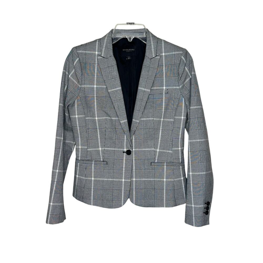 Banana Republic Classic Fit Plaid Blazer Women 4 Black White Stretch Jacket Work